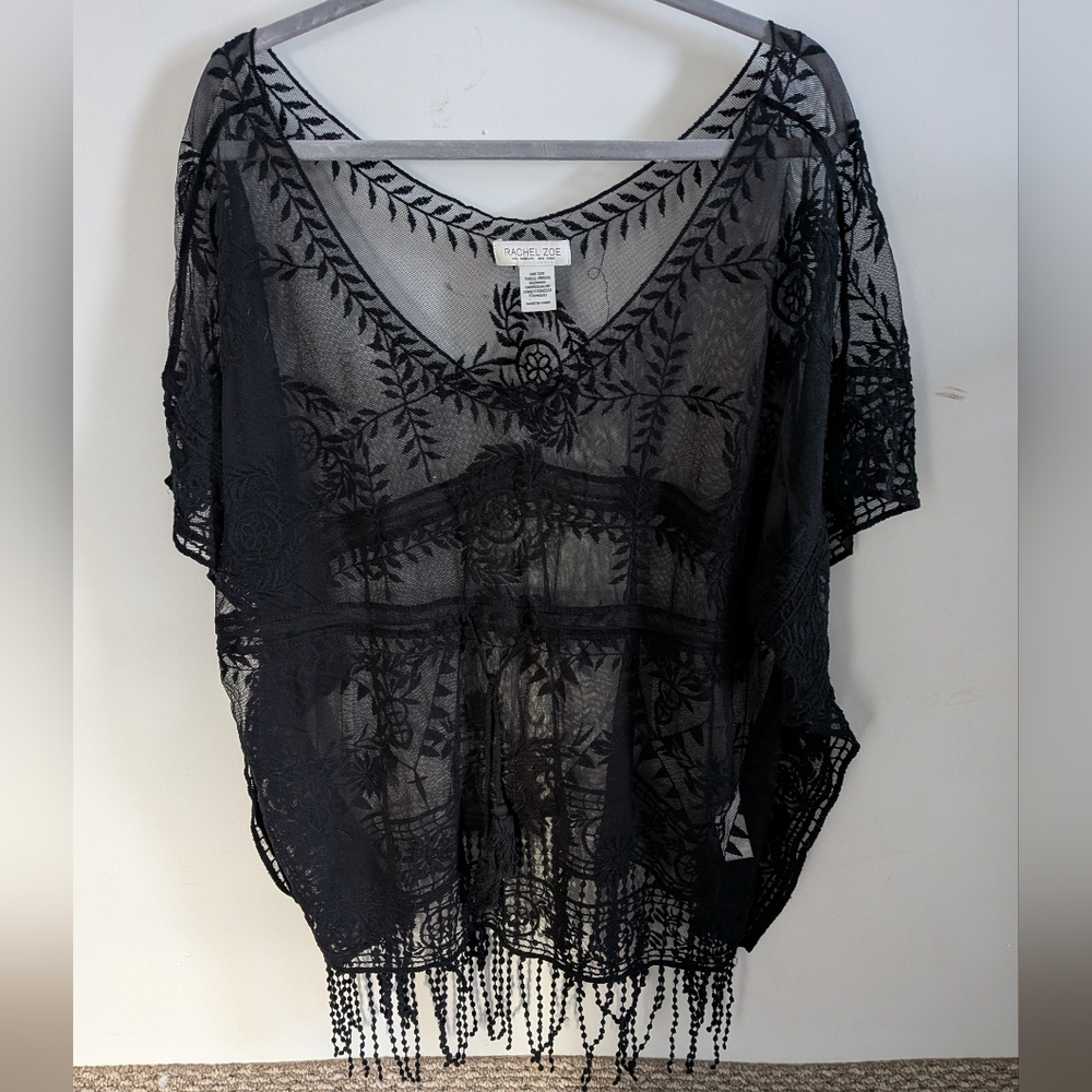 Black Sheer Lace Poncho with Fringe
